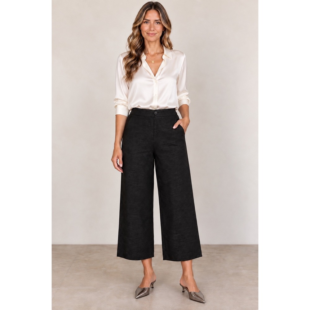 French Laundry Black Silk Linen Blend Wide Leg Crop Pants Size M